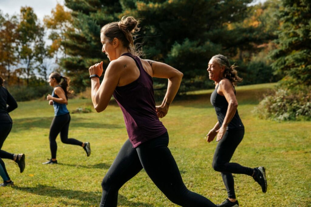 gruppo di donne corre insieme nel verde