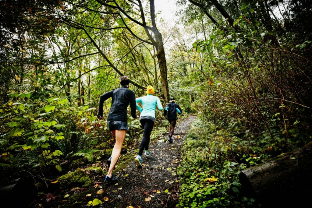 gruppo di corridori fa trail running in un bosco